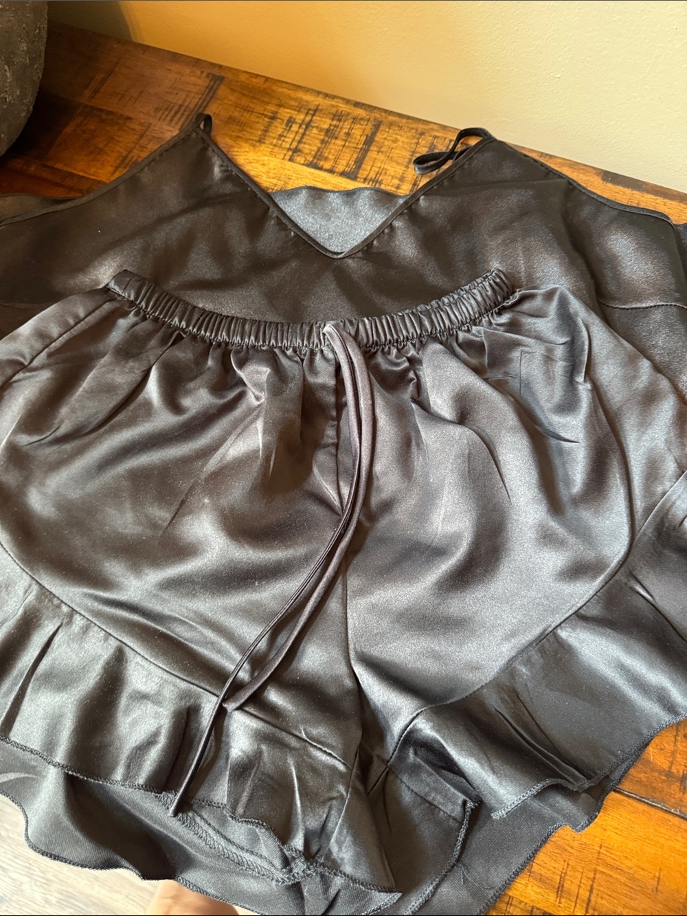 Silky Black Ruffle Satin Pajama Set